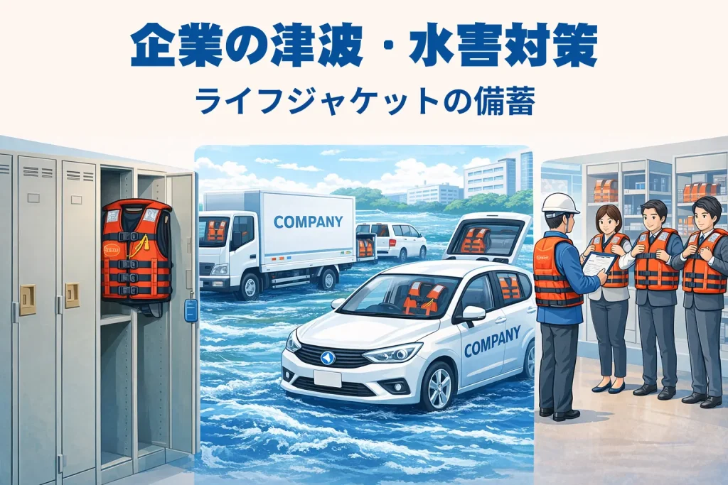 企業の津波・水害対策としてのライフジャケット備蓄イメージ