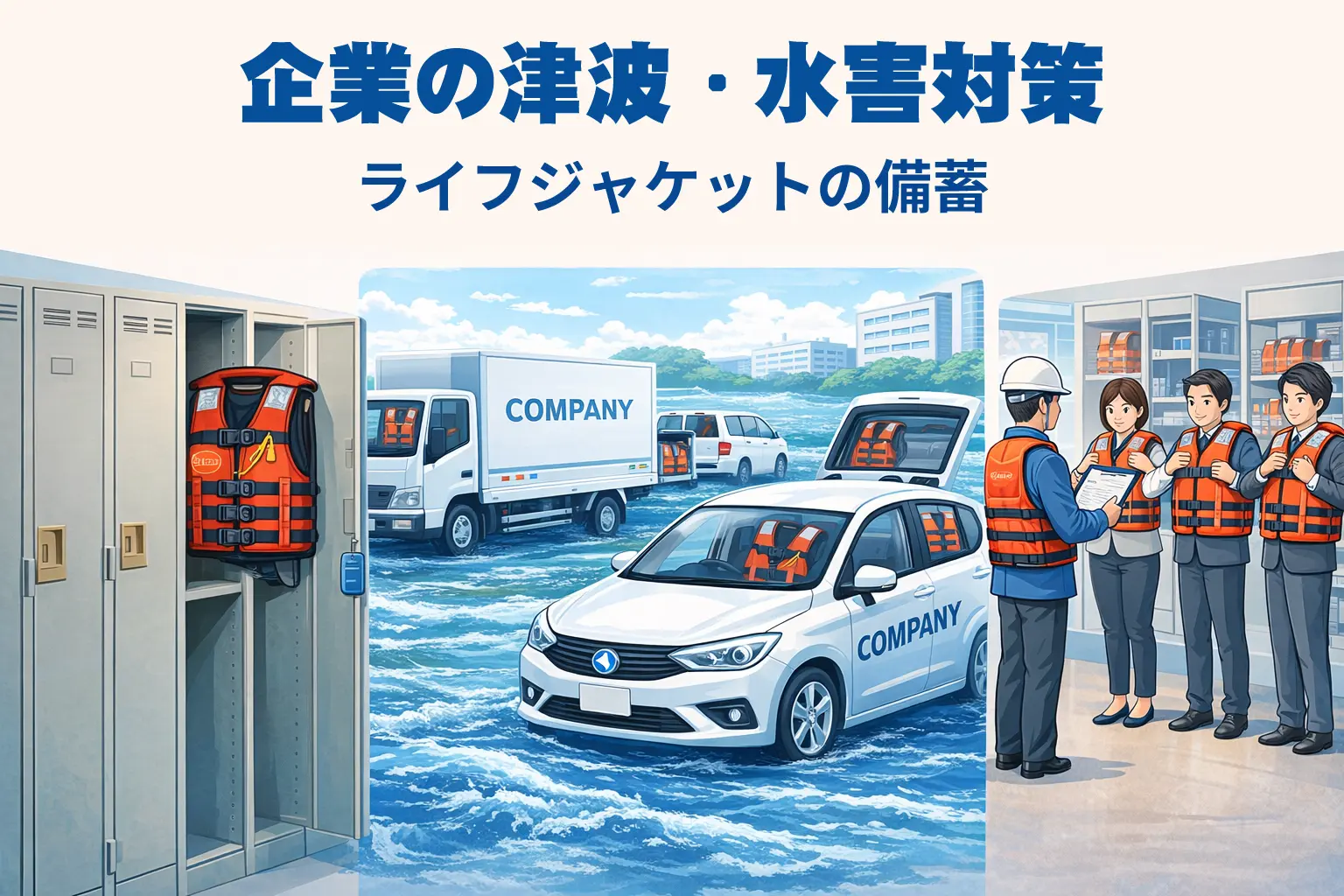 企業の津波・水害対策としてのライフジャケット備蓄イメージ
